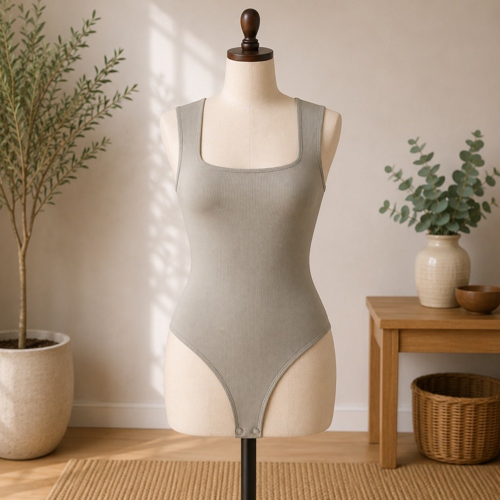 BP Ribbed Square Neck Bodysuit‎ Womens XS Olive Green Sleeveless Thong Snap Base